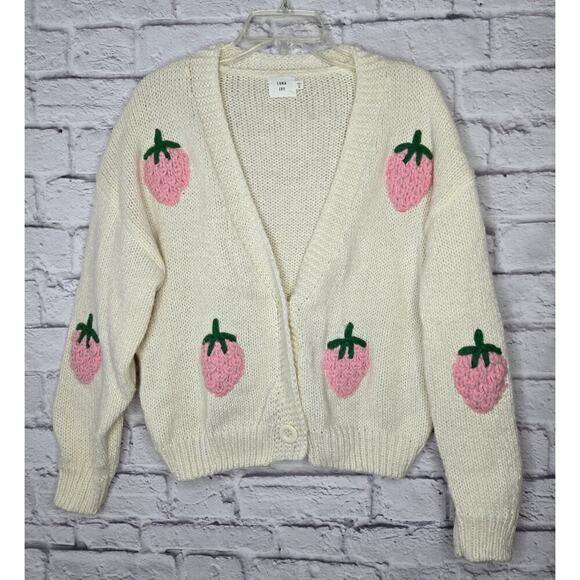 Luna Ivy Oversized Cream Strawberry Knit Cardigan Sweater Womens Medium Preppy - Picture 3 of 9